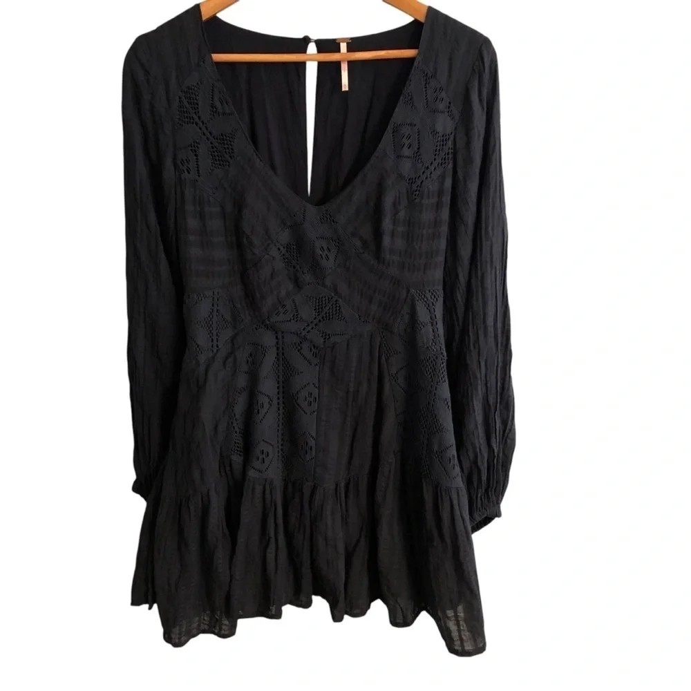 Free People Mini Dress Sz S Black Whimsigoth Boho Grunge Patchwork Cottagecore